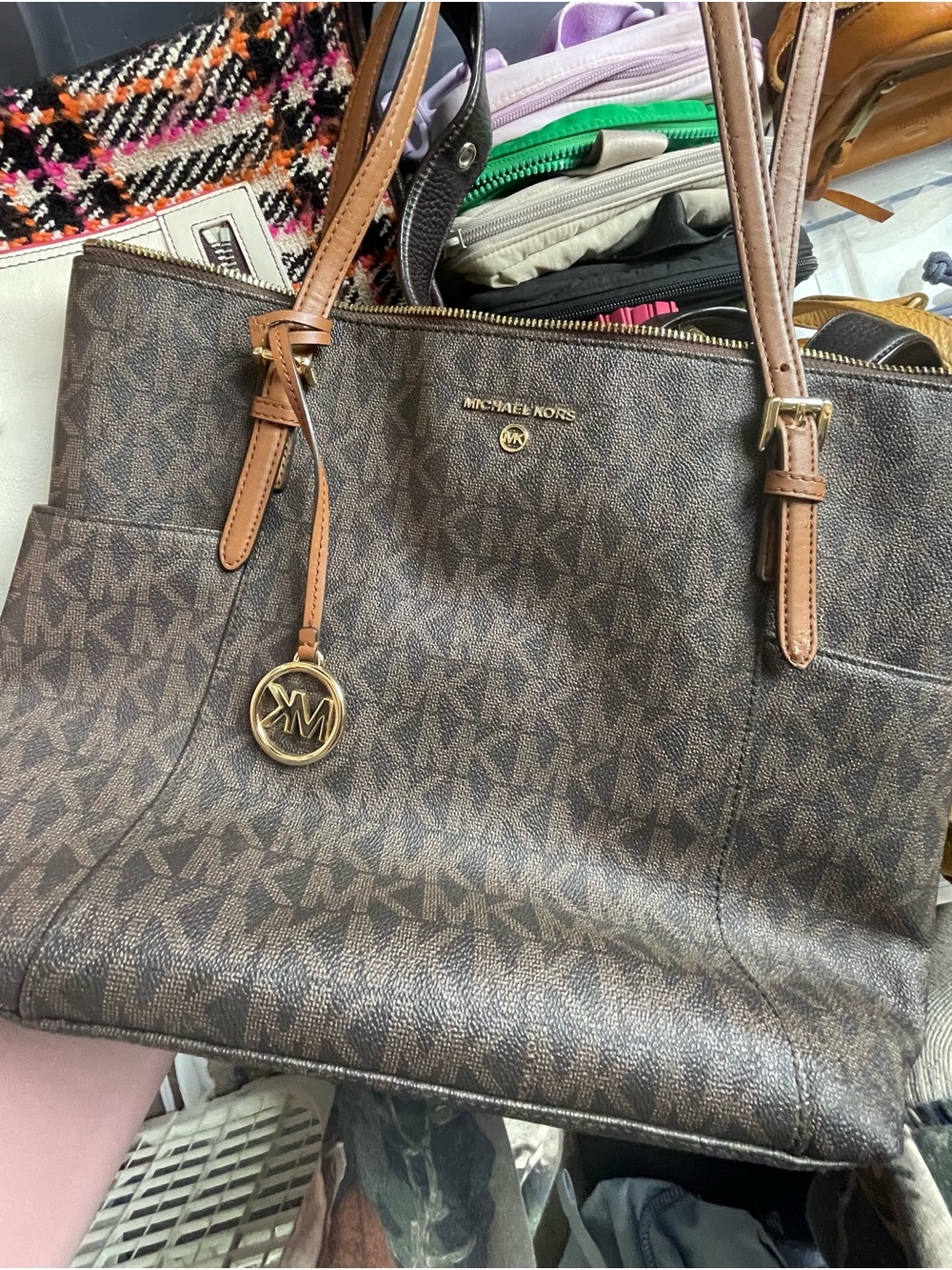 Michael Kors Brown MK Logo Tote with Tan Straps
